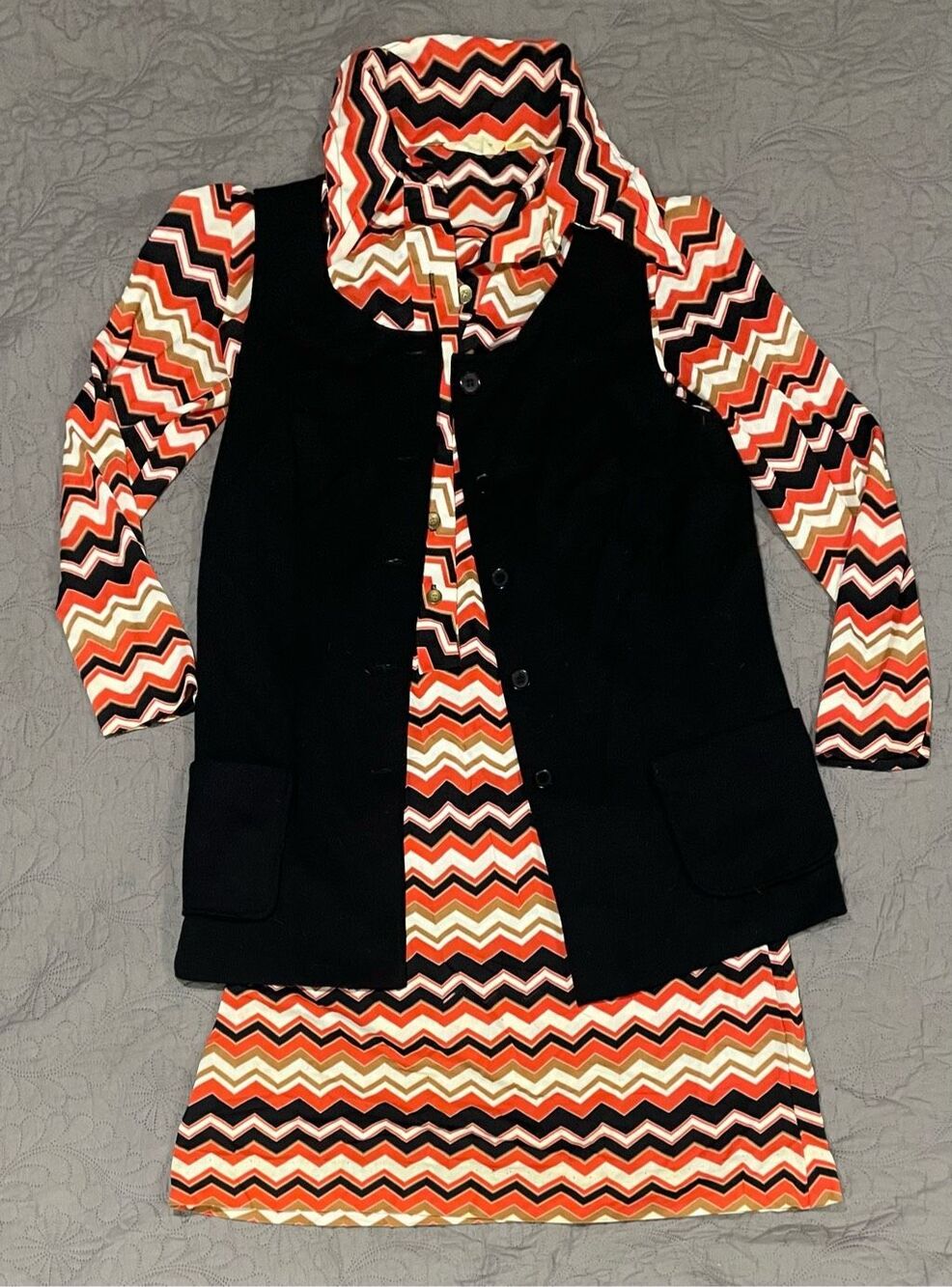 Sears Fashions Vintage 2 Piece Orange Black Chevron Dress and Vest 18
